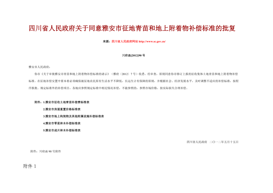 雅安市征地青苗和地上附着物补偿标准.5.15.doc_第1页