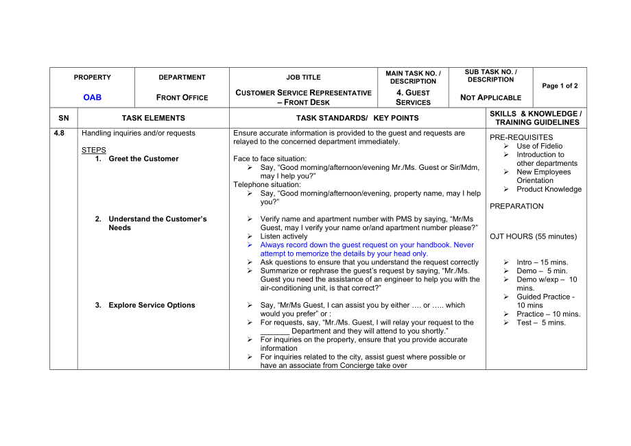 外资酒店前台工作任务分析表4.8 Front Desk (Handling Inquiries)OAB.doc_第1页