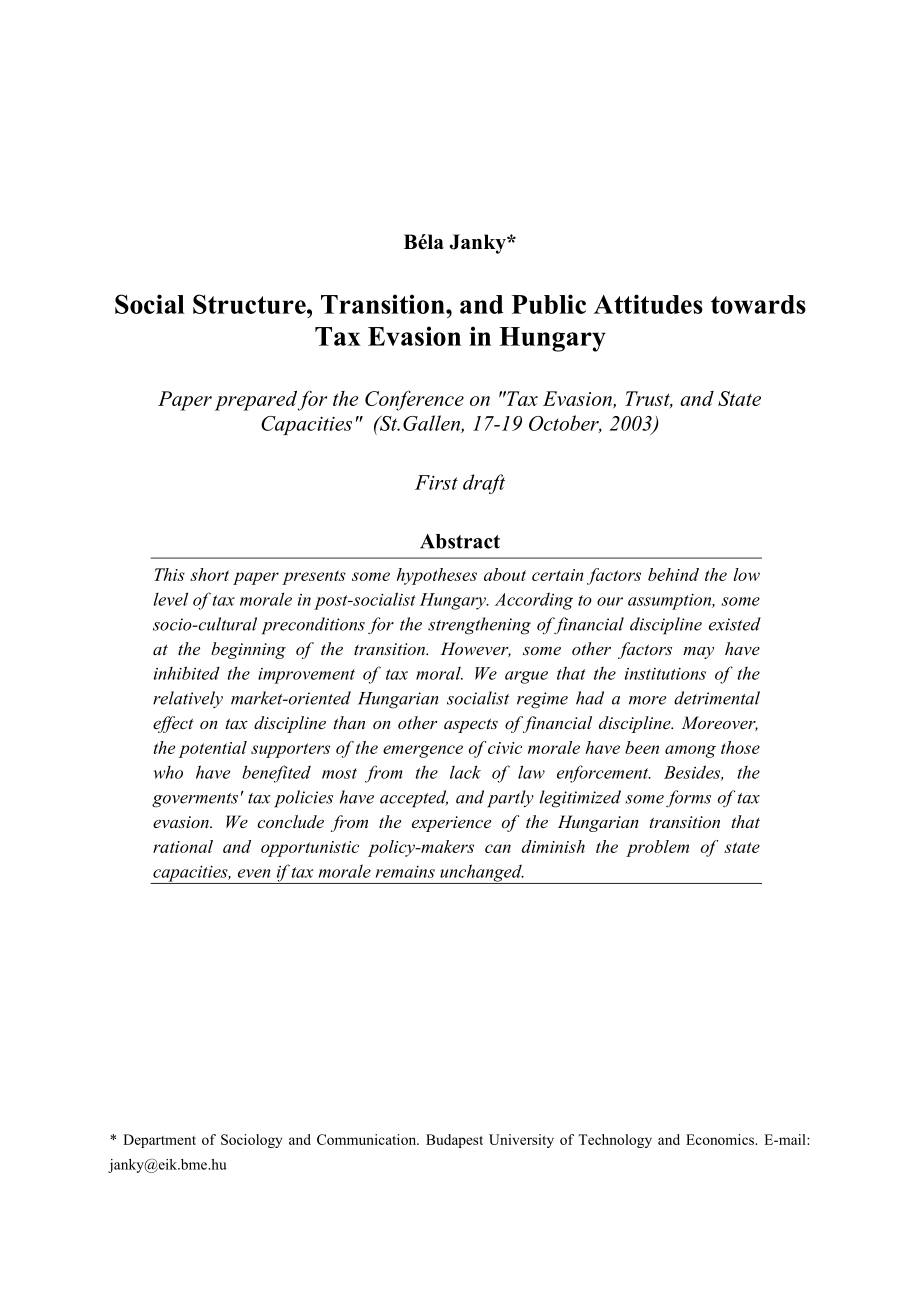 Social Structure, Transition and Public Attitudes towards Tax Evasion in Hungary.doc_第1页