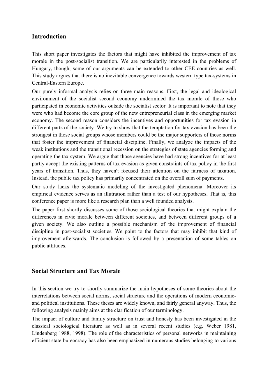 Social Structure, Transition and Public Attitudes towards Tax Evasion in Hungary.doc_第2页