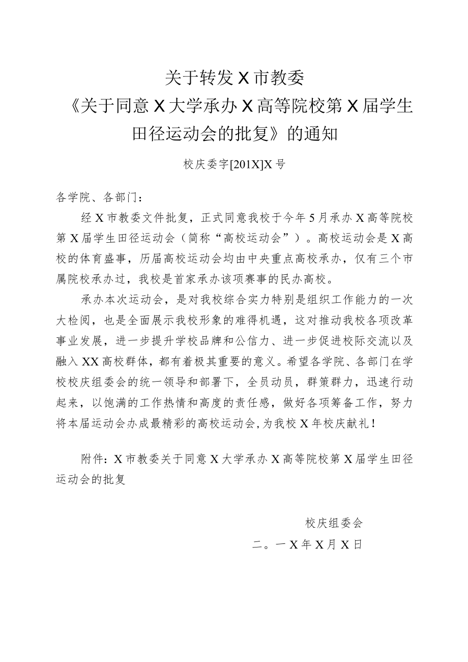 关于同意XX大学承办X高等院校第X届学生田径运动会的批复.docx_第1页