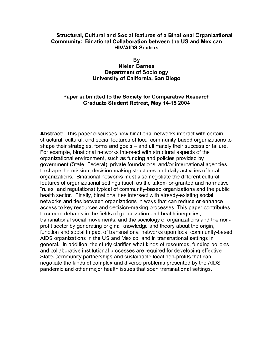 Structural, Cultural and Social features of a Binational Organizational Community Binational Collaboration between the US and Mexican HIV AIDS Sectors.doc_第1页