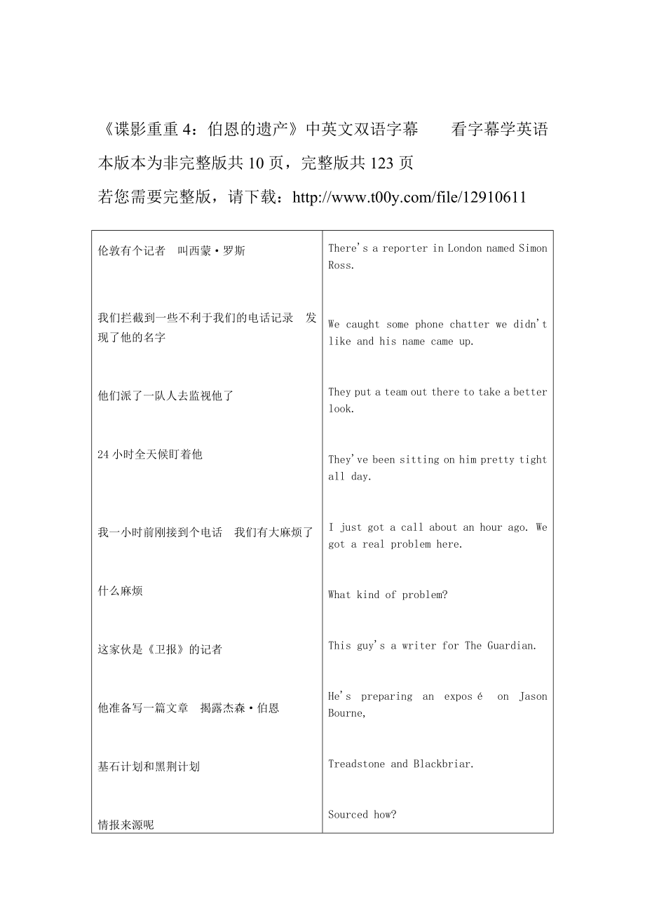 谍影重重4：伯恩的遗产 中英双语对照字幕 看字幕学英语 文本文件.doc_第1页