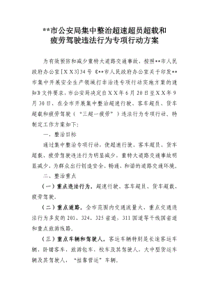 公安局集中整治超速超员超载和疲劳驾驶违法行为专项行动方案.doc