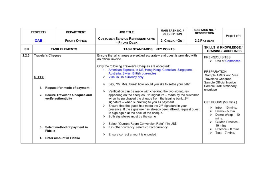 外资酒店前台工作任务分析表2.2.3 Front Desk (traveler's cheques)Final Jan 17.doc_第1页