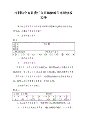 874深圳航空有限责任公司运价舱位布局修改文件.doc