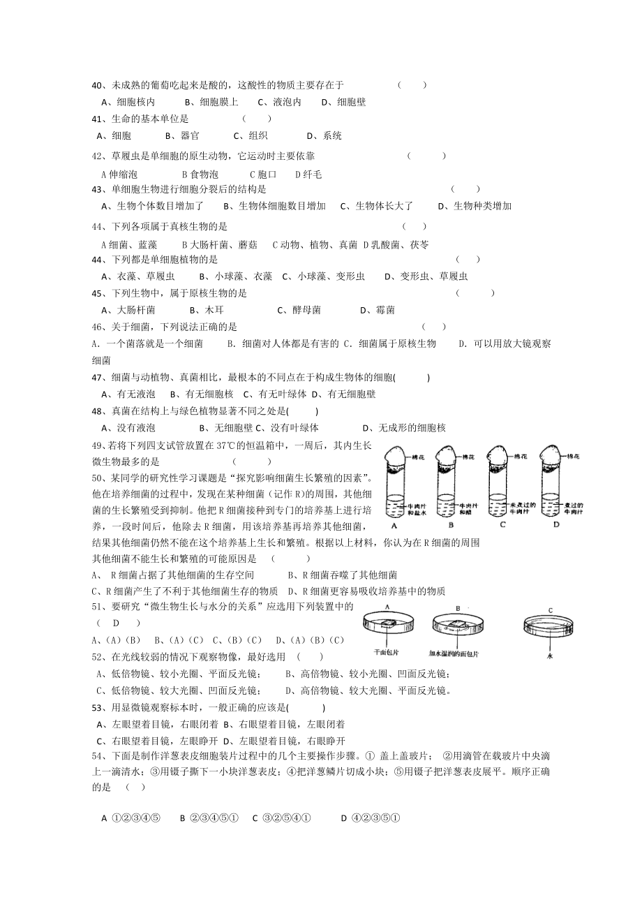 浙教版科学七年级上册第二章观察生物复习练习题库附参考答案.doc_第3页