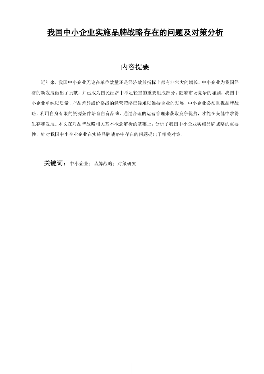 我国中小企业实施品牌战略存在的问题及对策分析 毕业论文1.doc_第1页