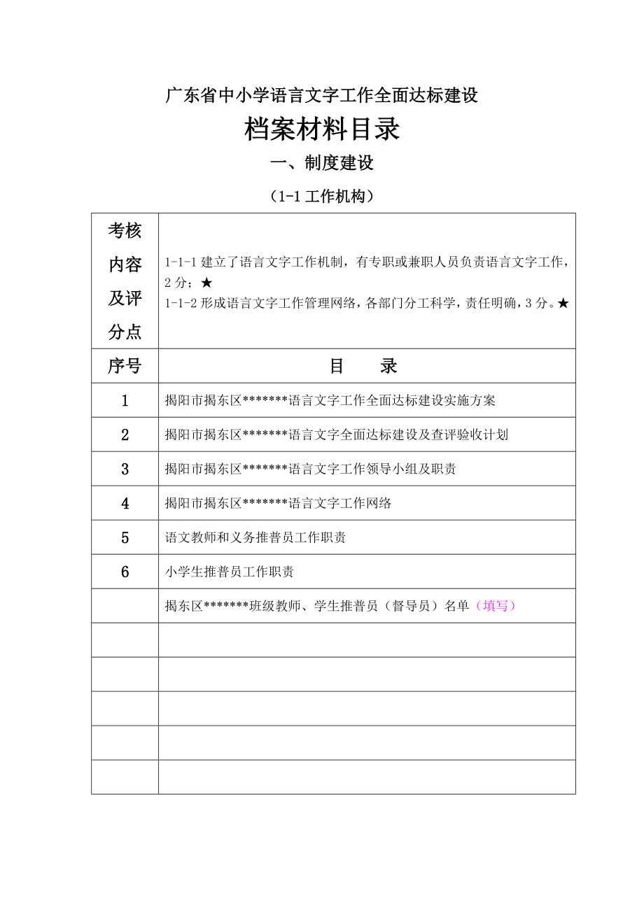 广东省中小学语言文字工作全面达标建设档案材料目录.doc_第1页