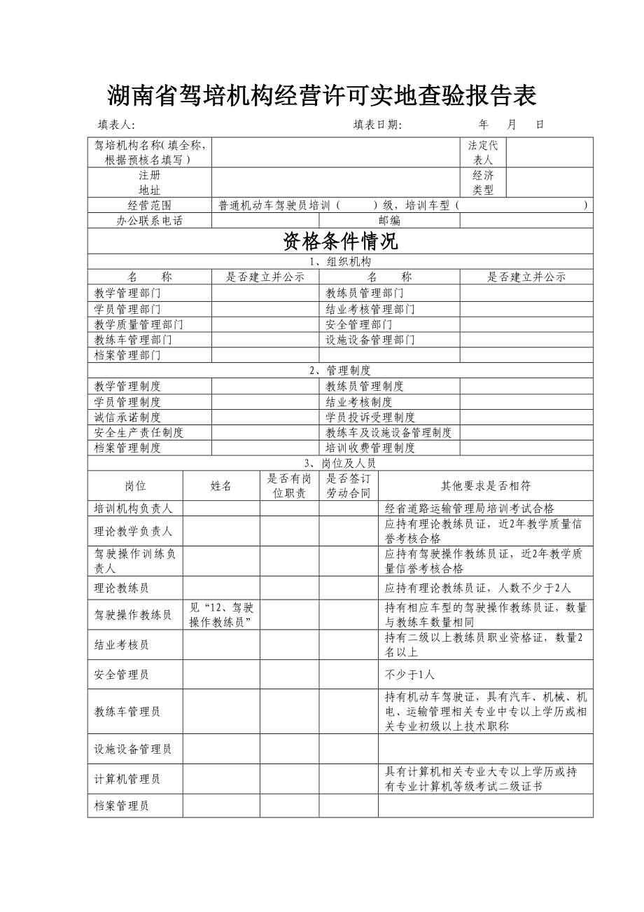 湖南省驾培机构经营许可实地查验报告表模板.doc_第1页