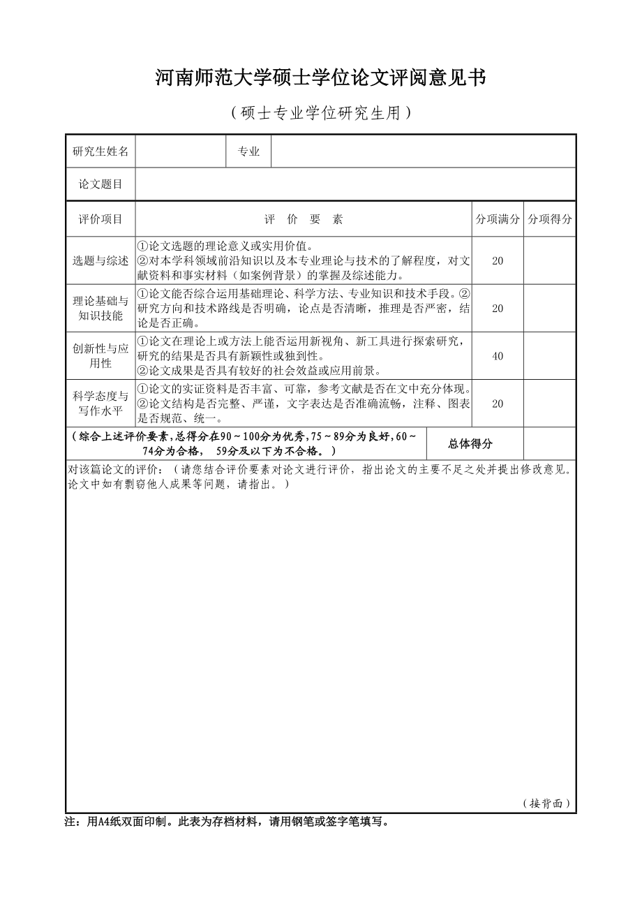 硕士学位论文评阅意见书(专业学位研究生用A4双面 ...河南师范大学.doc_第1页