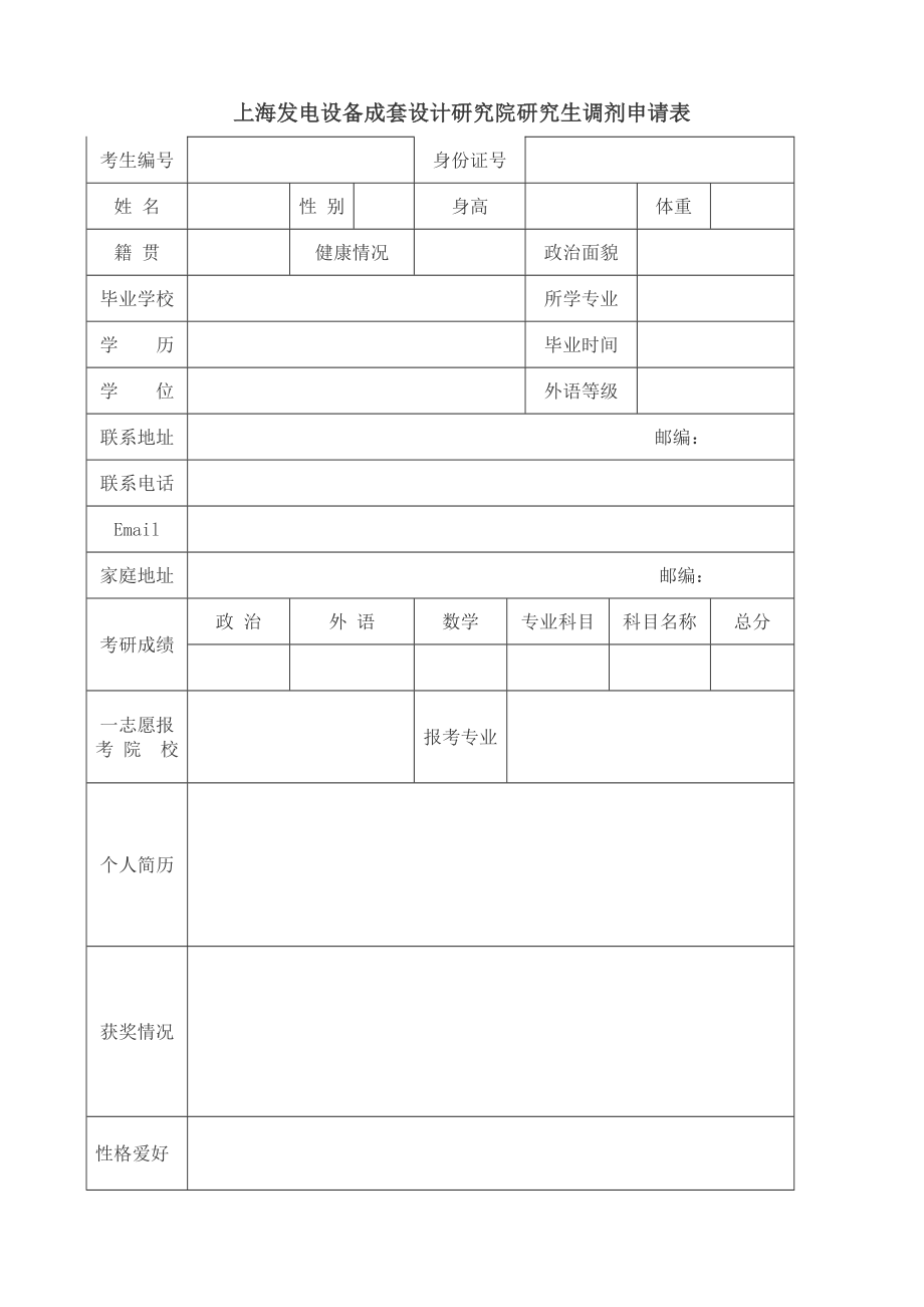 上海发电设备成套设计研究院研究生调剂申请表.doc_第1页