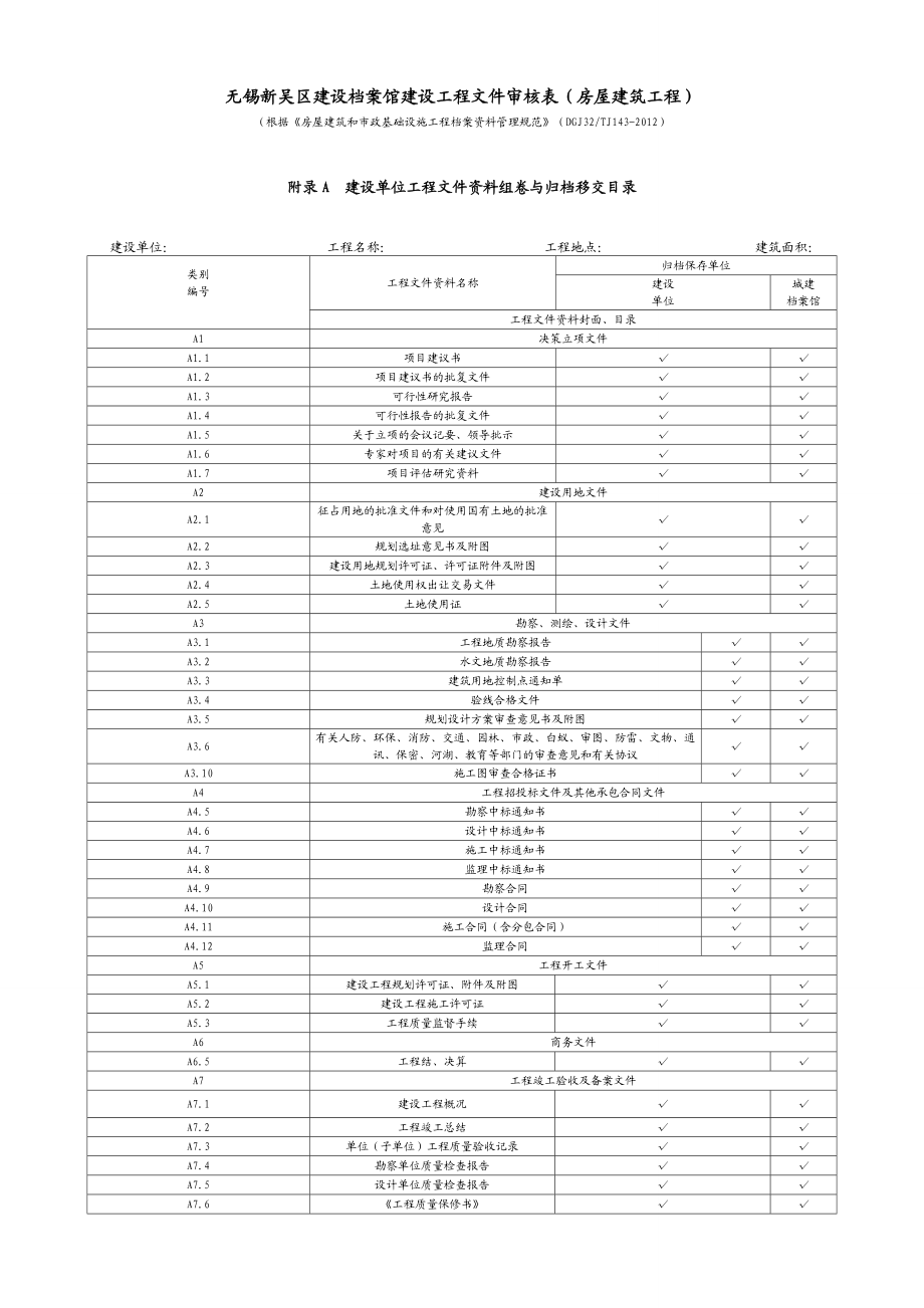 无锡新吴区建设档案馆建设工程文件审核表房屋建筑工程.doc_第1页