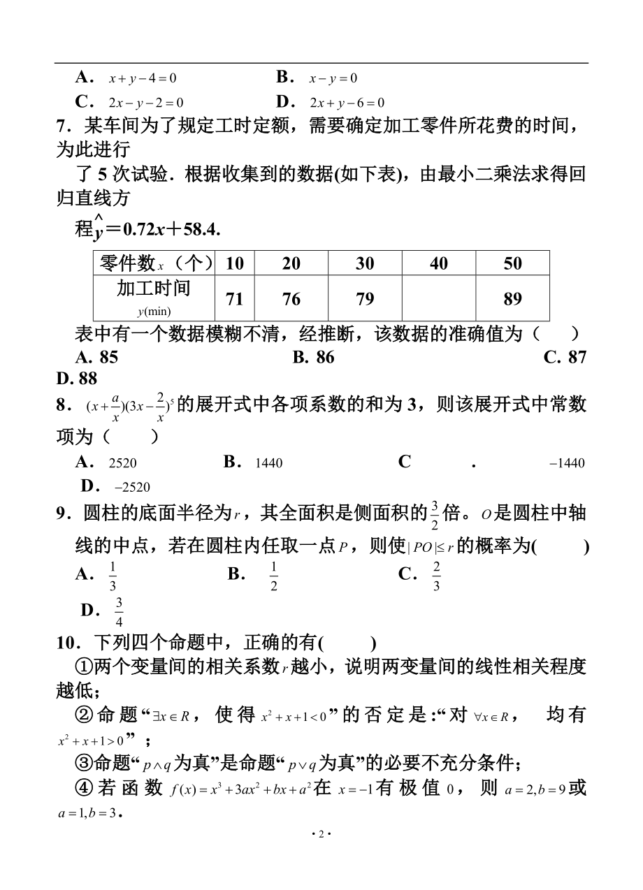 江西省南昌二中、临川一中等重点中学协作体高三下学期联考（二）理科数学试题及答案.doc_第2页