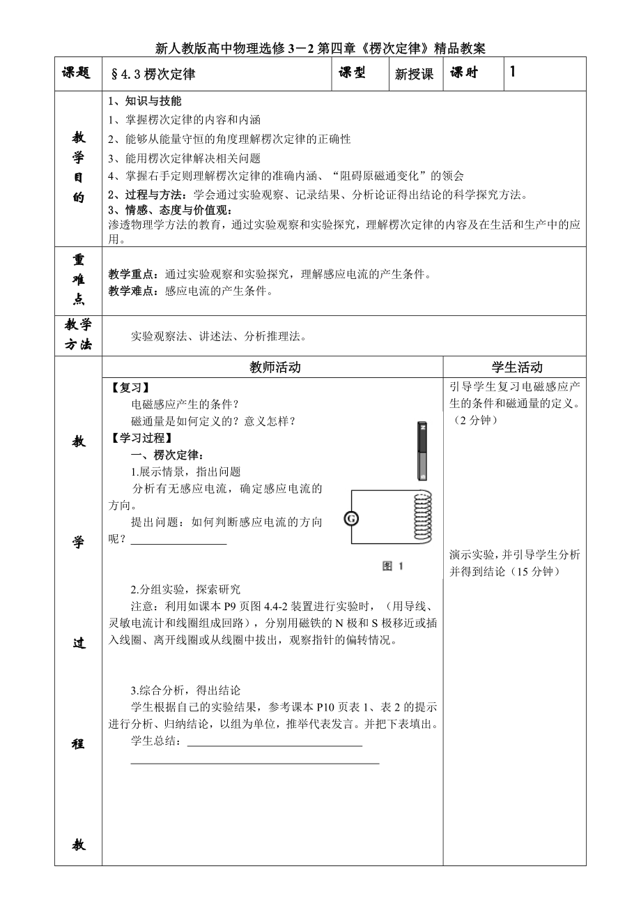 新人教版高中物理选修3－2第四章《楞次定律》精品教案.doc_第1页