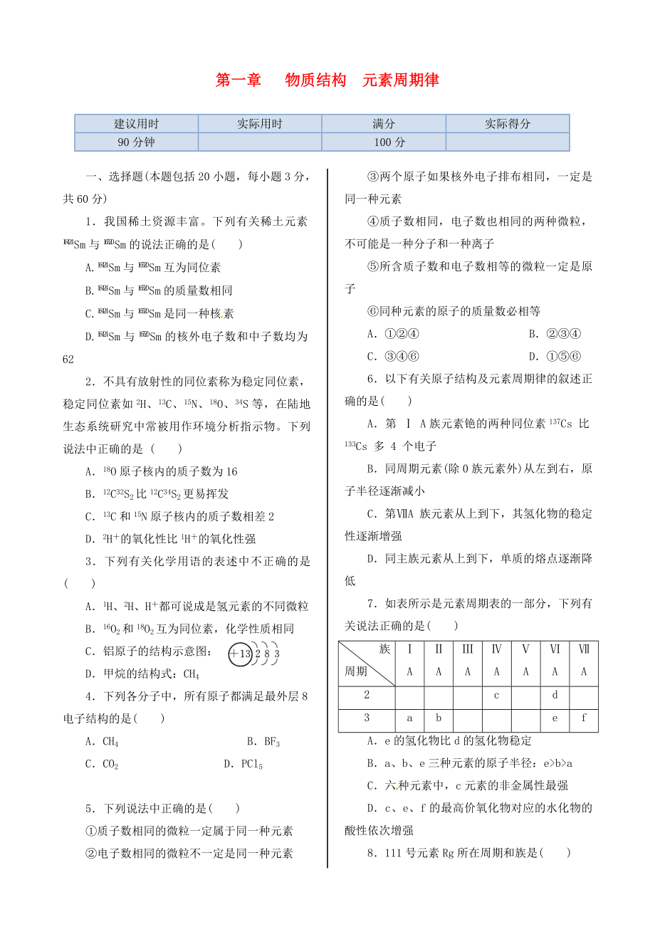 高中化学 基础知识篇 第一章 物质结构 元素周期律同步练测 新人教版必修2.doc_第1页