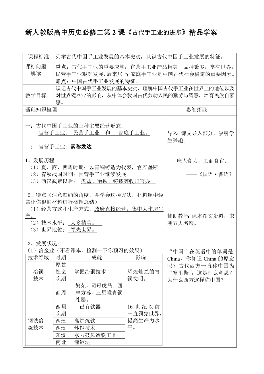 新人教版高中历史必修二第2课《古代手工业的进步》精品学案.doc_第1页