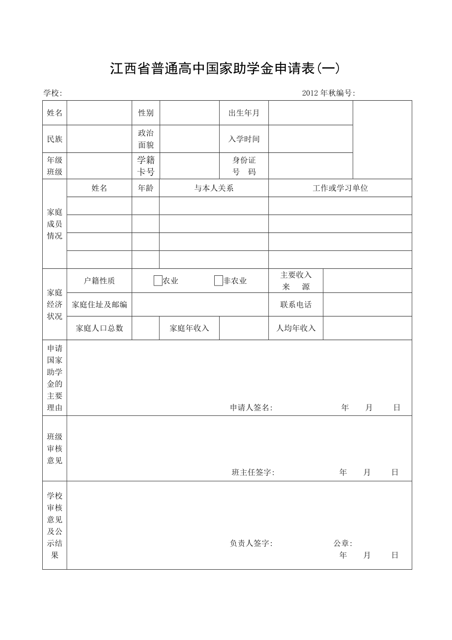 江西省普通高中国家助学金申请表.doc_第1页