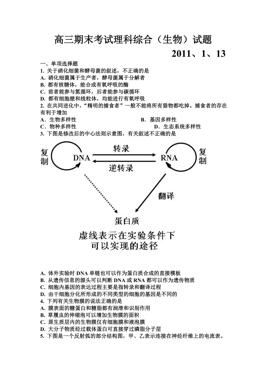 高三期末考试理科综合（生物）试题.doc_第1页