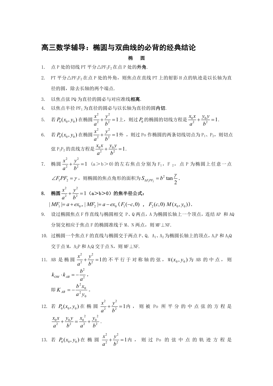 高三数学辅导：椭圆与双曲线的必背的经典结论.doc_第1页