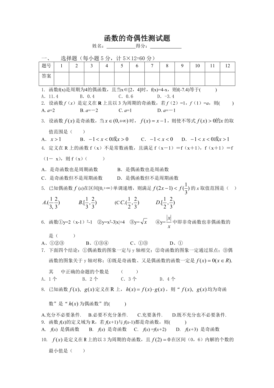 函数的奇偶性测试题.doc_第1页