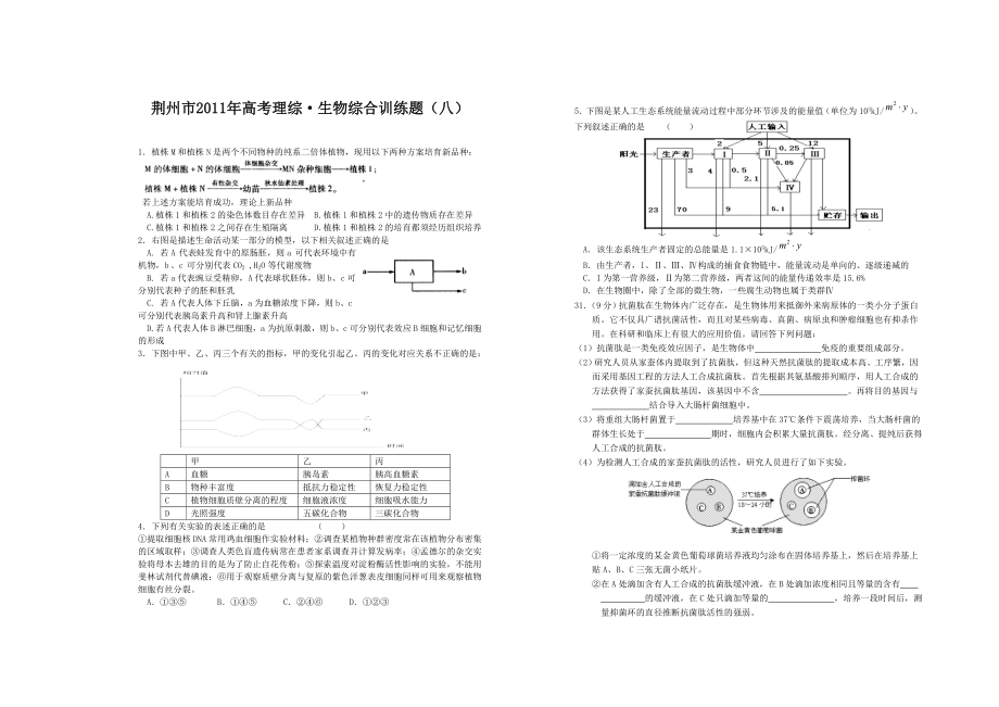 荆州市生物高考模拟题8.doc_第1页