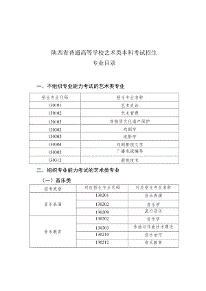 陕西省普通高等学校艺术类本科考试招生专业目录、专业省级统考考试说明.docx