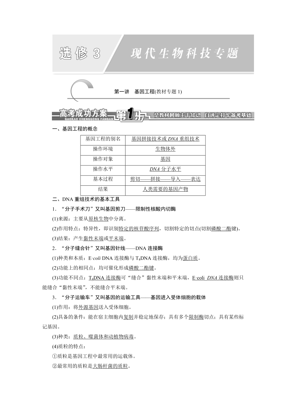 【全程设计】高考生物一轮复习细致讲解练：选修3（高考） .doc_第1页