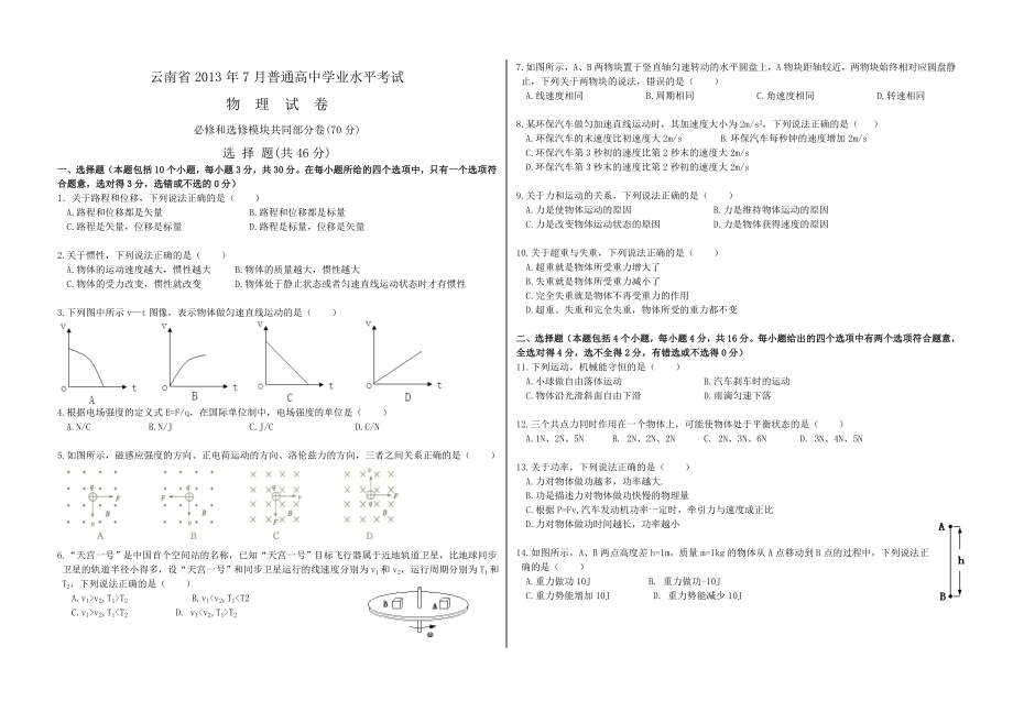 云南省7月普通高中学业水平考试物理试卷.doc_第1页