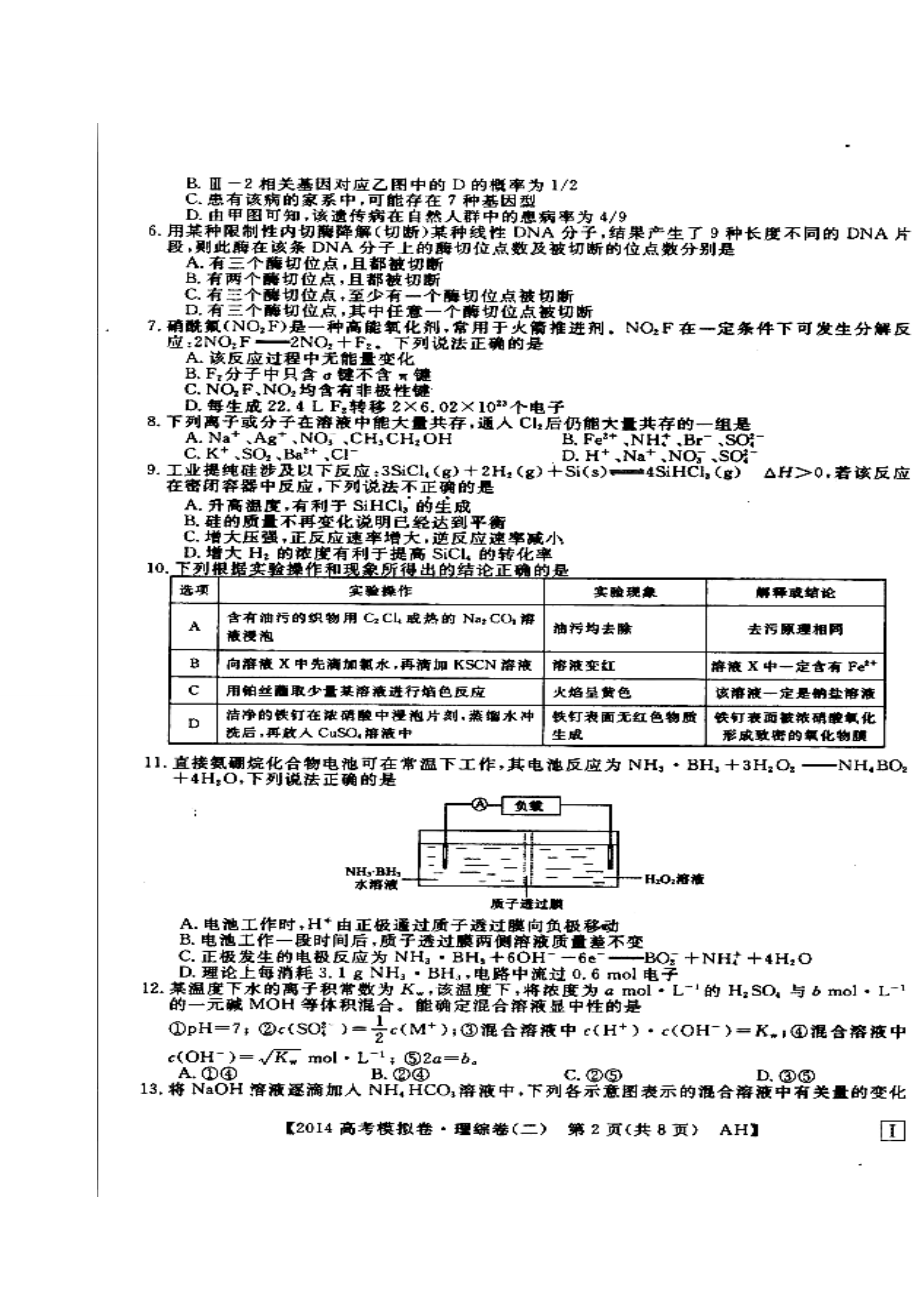 安徽省高考模拟信息考试理科综合试题（二）及答案.doc_第2页