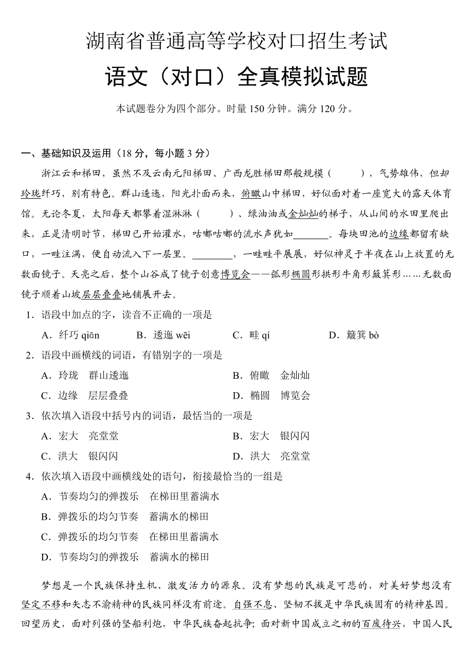 湖南省对口升学考试语文全真模拟试题.doc_第1页