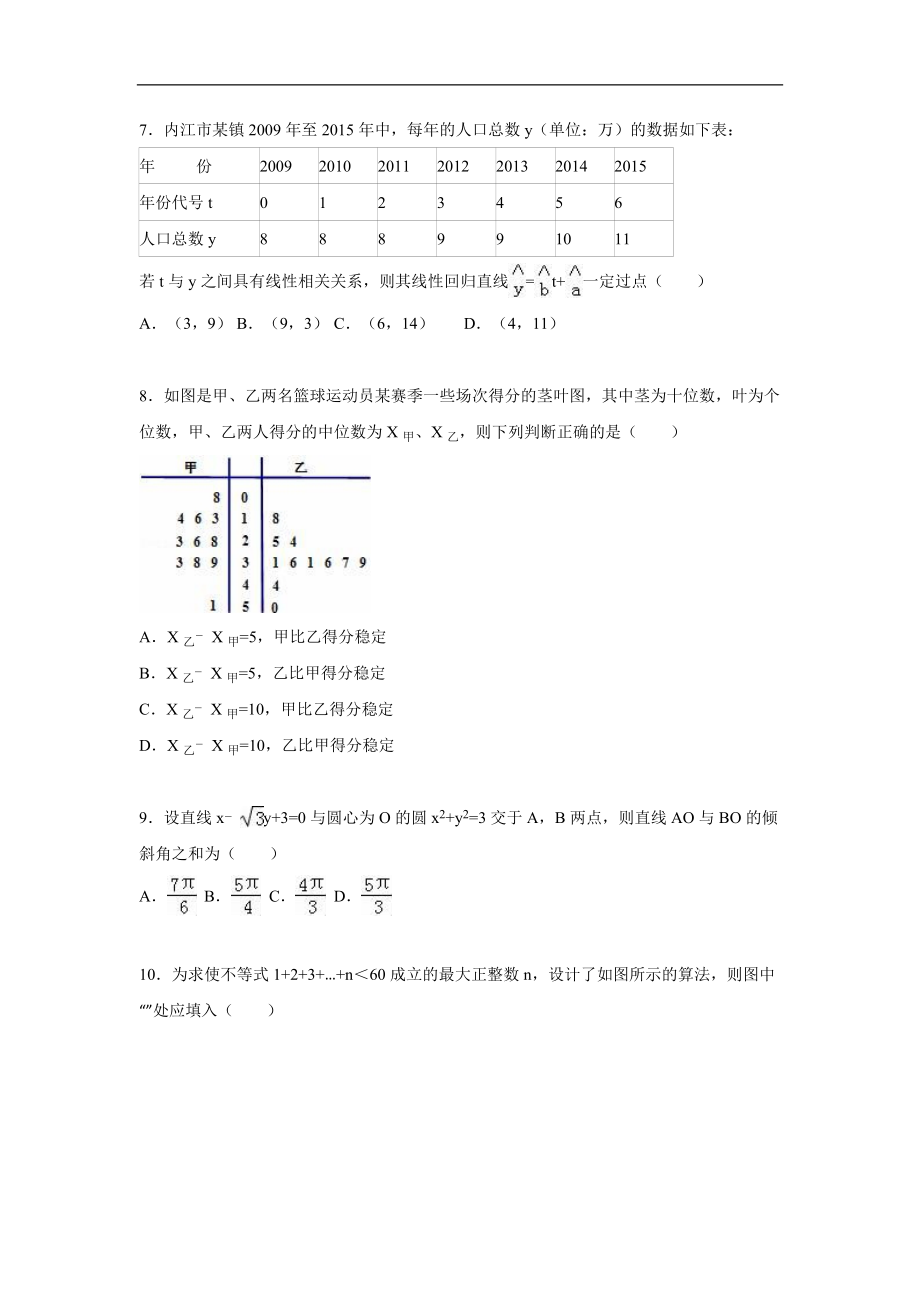 （试卷）四川省内江市高二上学期期末数学试卷（文科） Word版含解析.doc_第2页