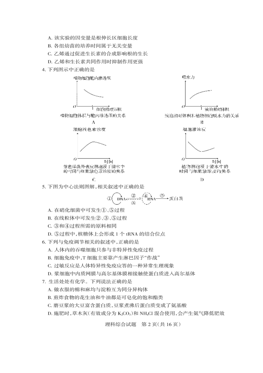 山西省高考考前质量监测试题（三）理综及答案.doc_第2页