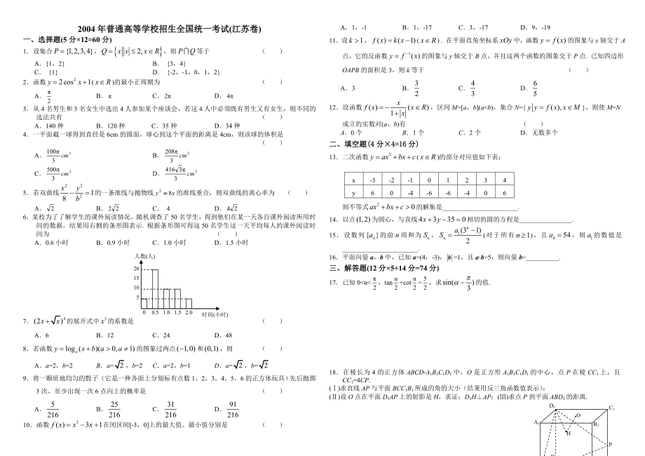 2004江苏高考数学试题及答案(无错版).doc_第1页