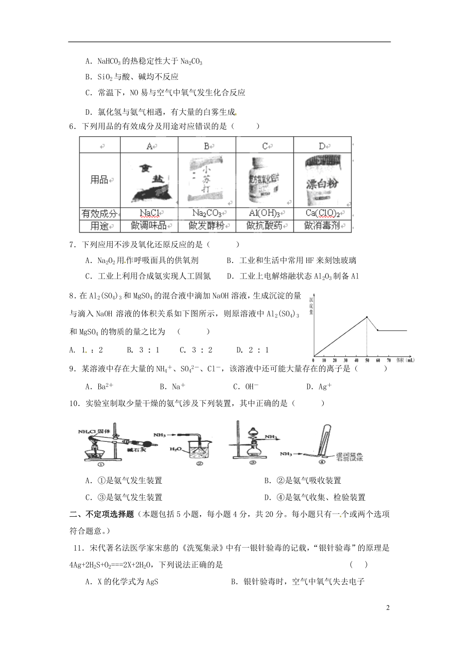 江苏省天一中学高一化学上学期期末考试试题（无答案） .doc_第2页