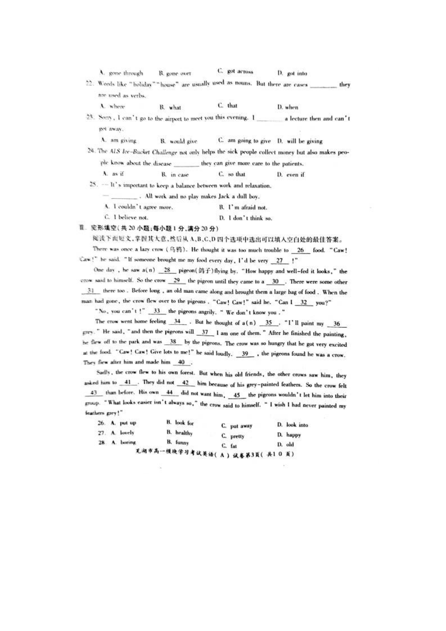 安徽省芜湖市高一上学期模块考试（期末）英语试题 扫描版含答案.doc_第3页