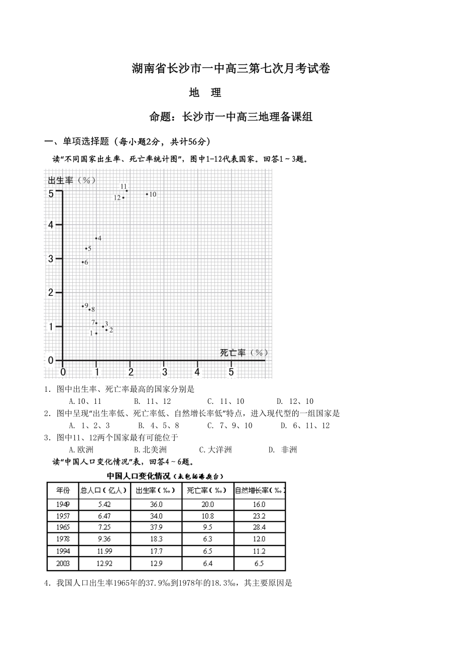 湖南省师大附中高三第七次月考地理试题.doc_第1页