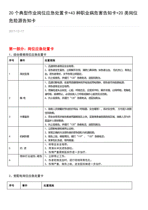 20个典型作业岗位应急处置卡+43种职业病危害告知卡+20类岗位危险源告知卡.doc