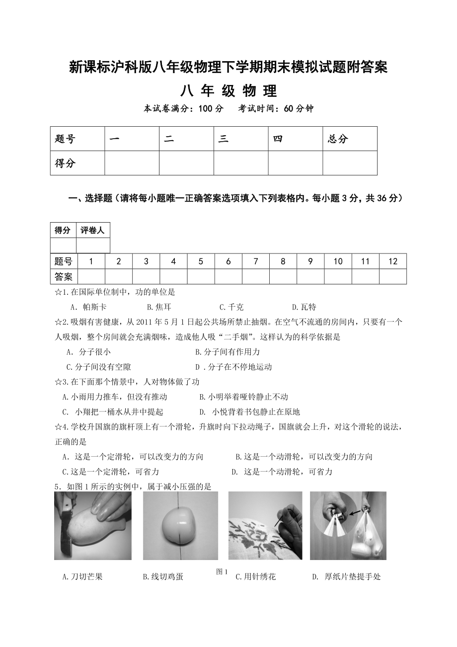 新课标沪科版八级物理下学期期末模拟试题附答案.doc_第1页