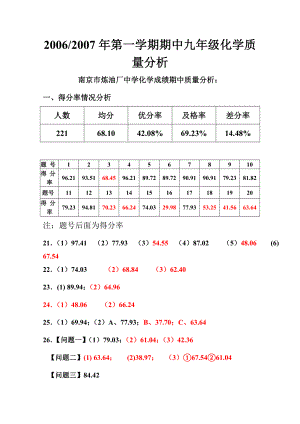 九级第一学期期中化学质量分析.doc