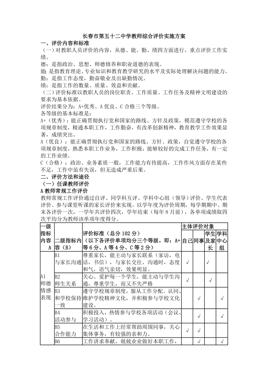 长市第五十二中学教师综合评价实施方案.doc_第1页