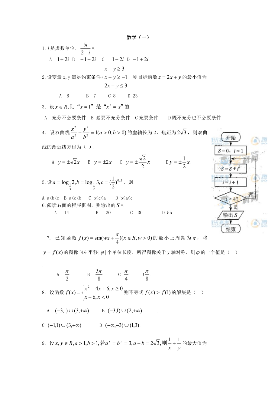 高考文科数学试卷及答案【天津卷】1.doc_第1页