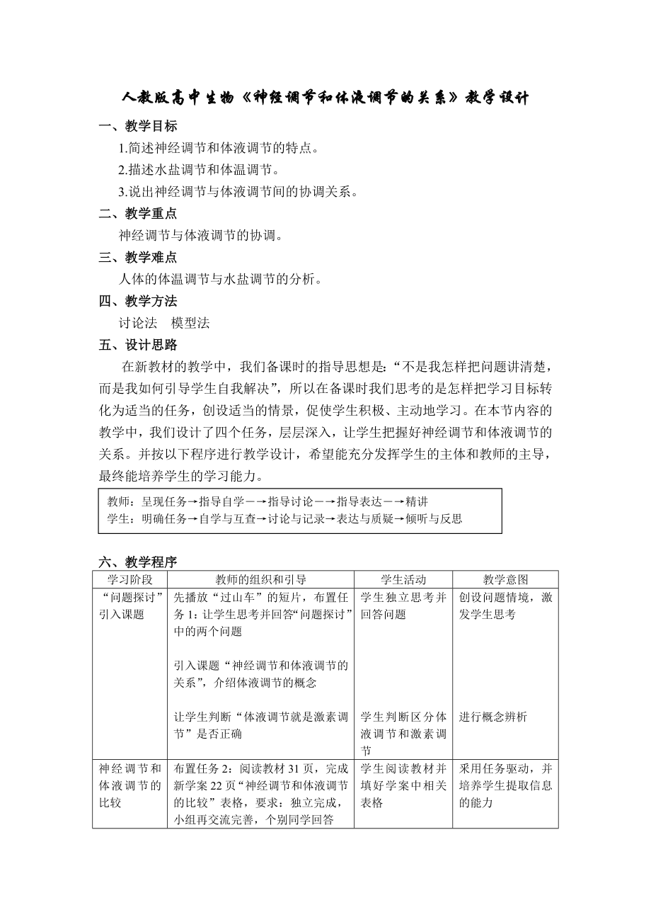 人教版高中生物《神经调节和体液调节的关系》教学设计.doc_第1页