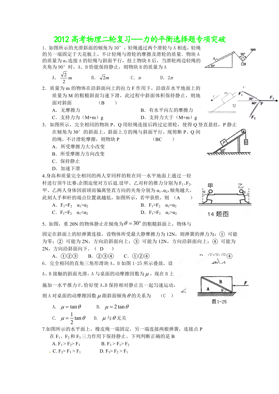 高考物理二轮复习之力的平衡选择题专项突破.doc_第1页