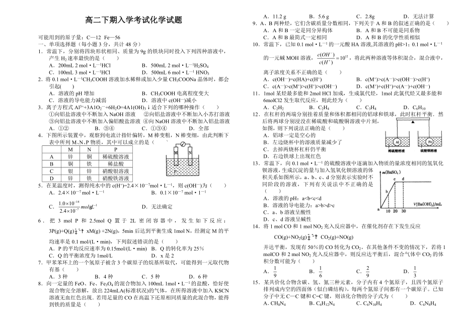 高二下期入学考试化学试题.doc_第1页