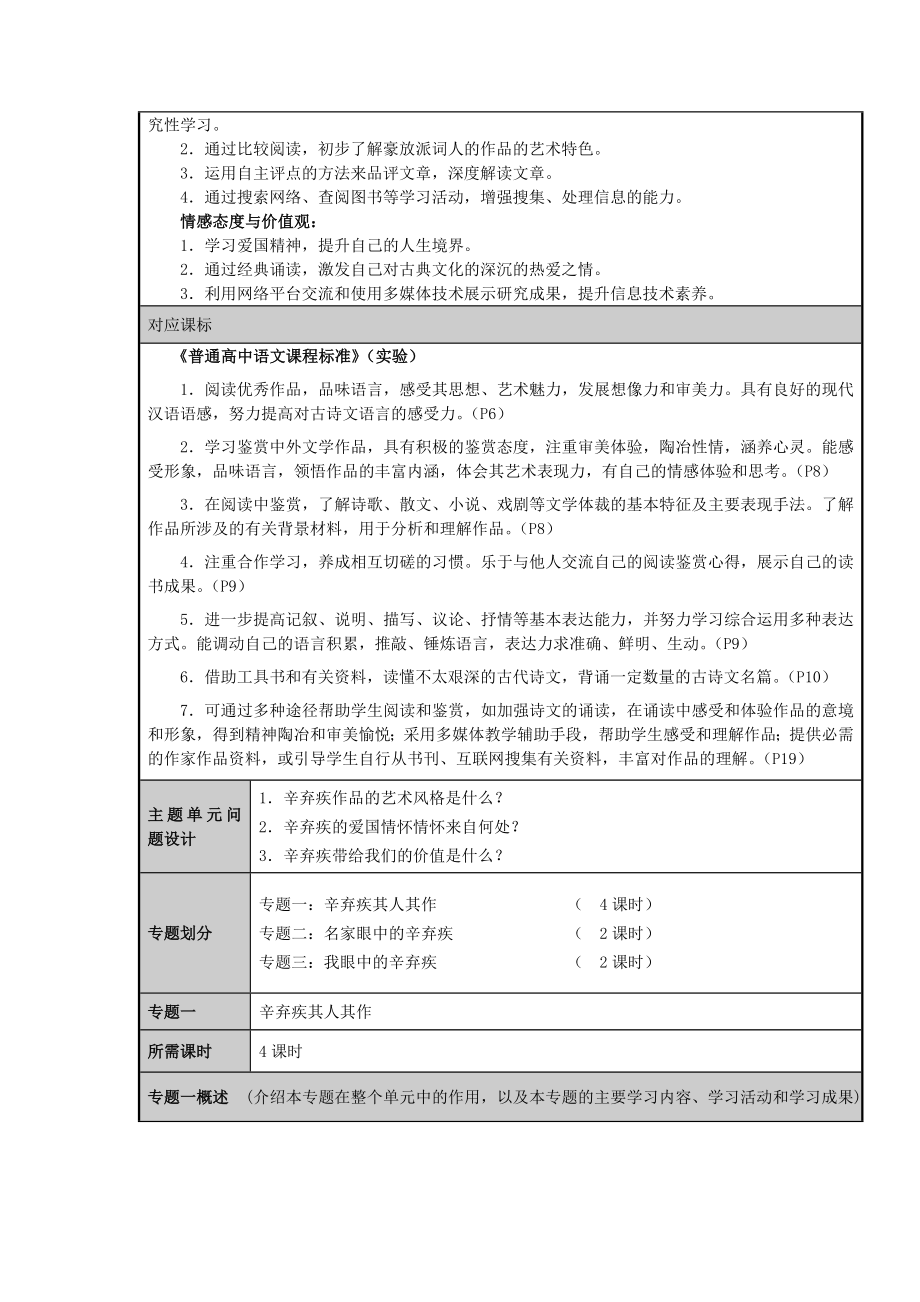 山东省临邑一中高二语文 爱国词人辛弃疾 文档主题单元设计.doc_第2页