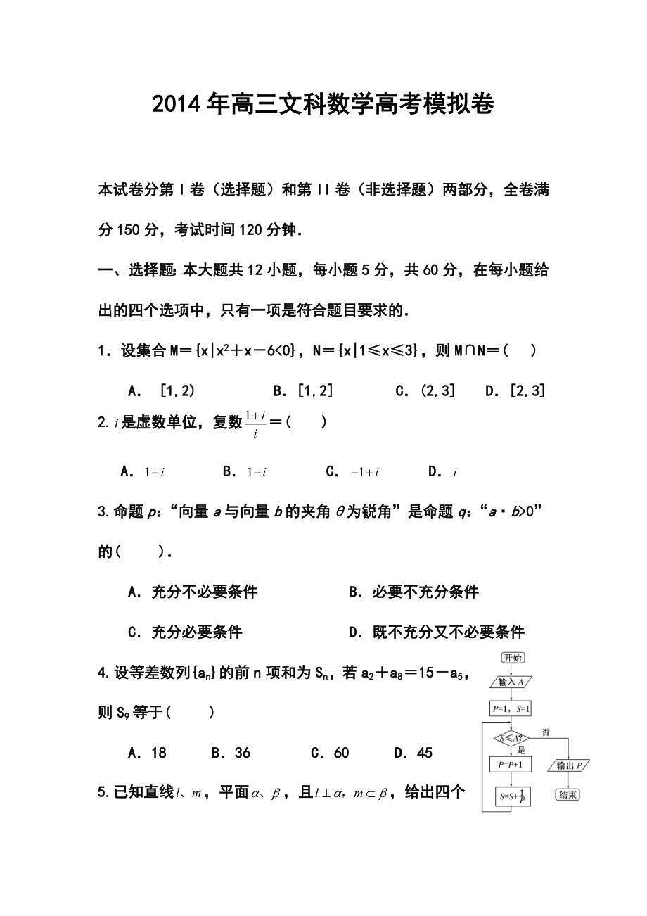 福建省芗城中学高三高考前热身文科数学试卷及答案.doc_第1页