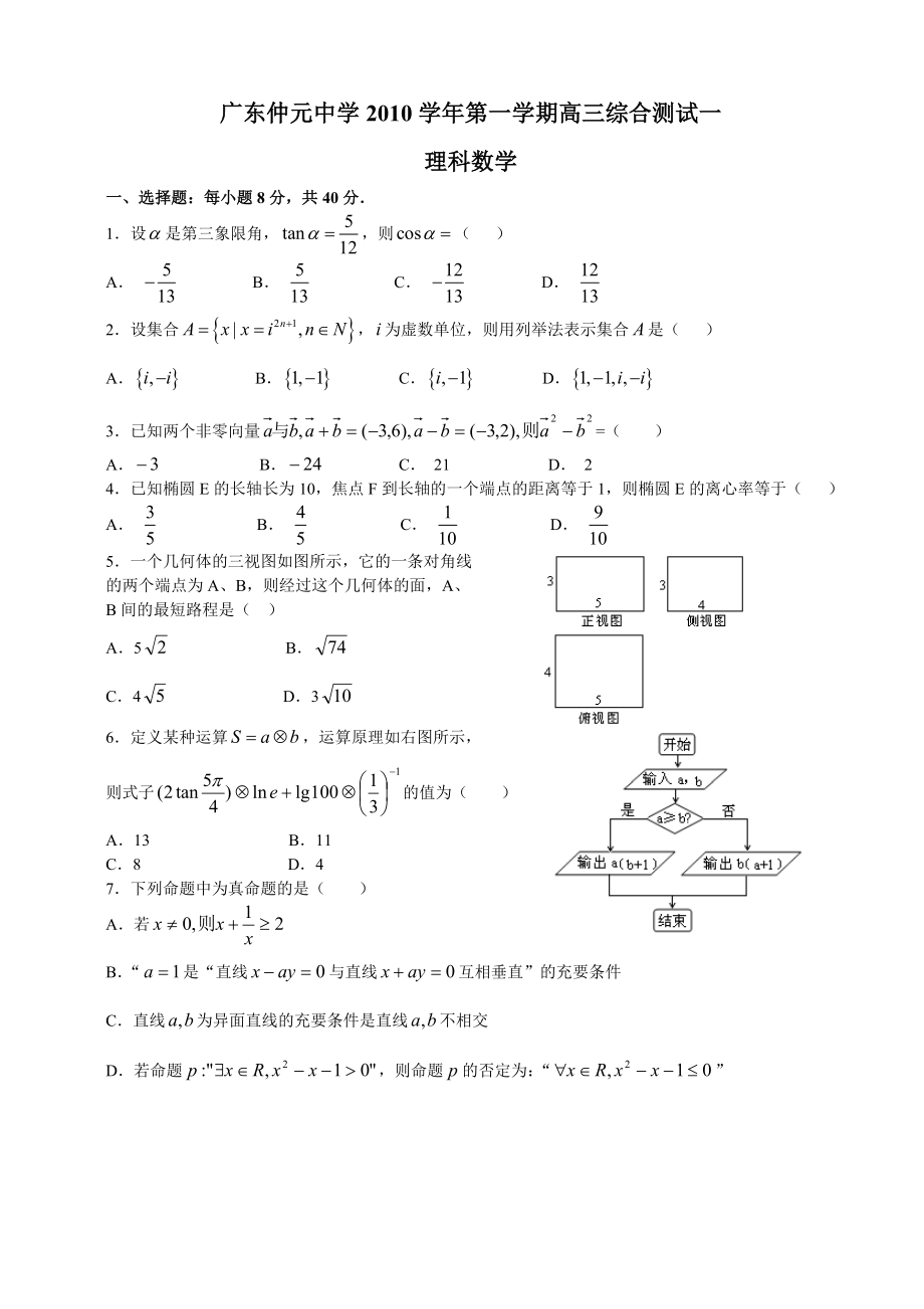 广东仲元中学第一学期高三综合测试一试题.doc_第1页