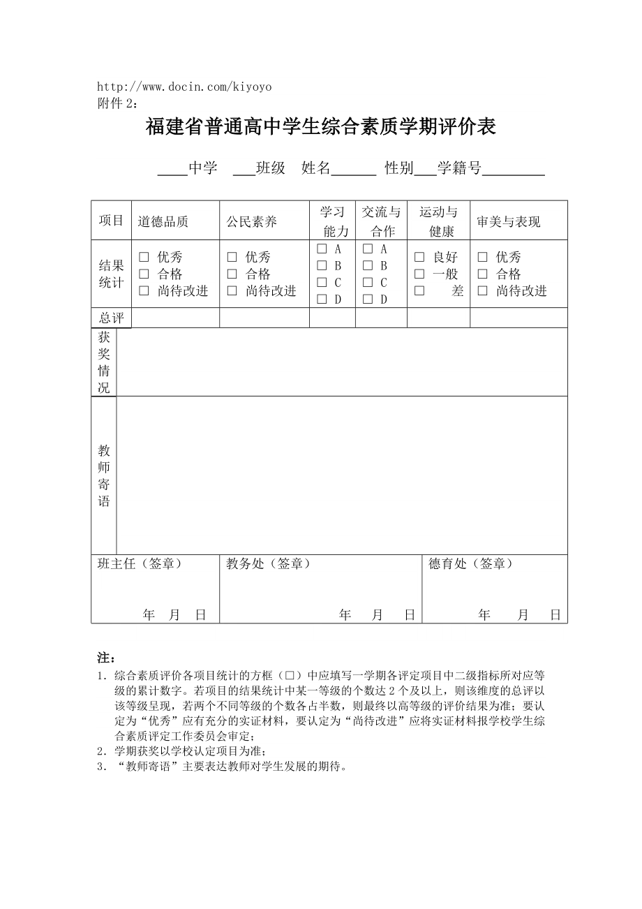 福建省普通高中学生综合素质学期评价表.doc_第1页