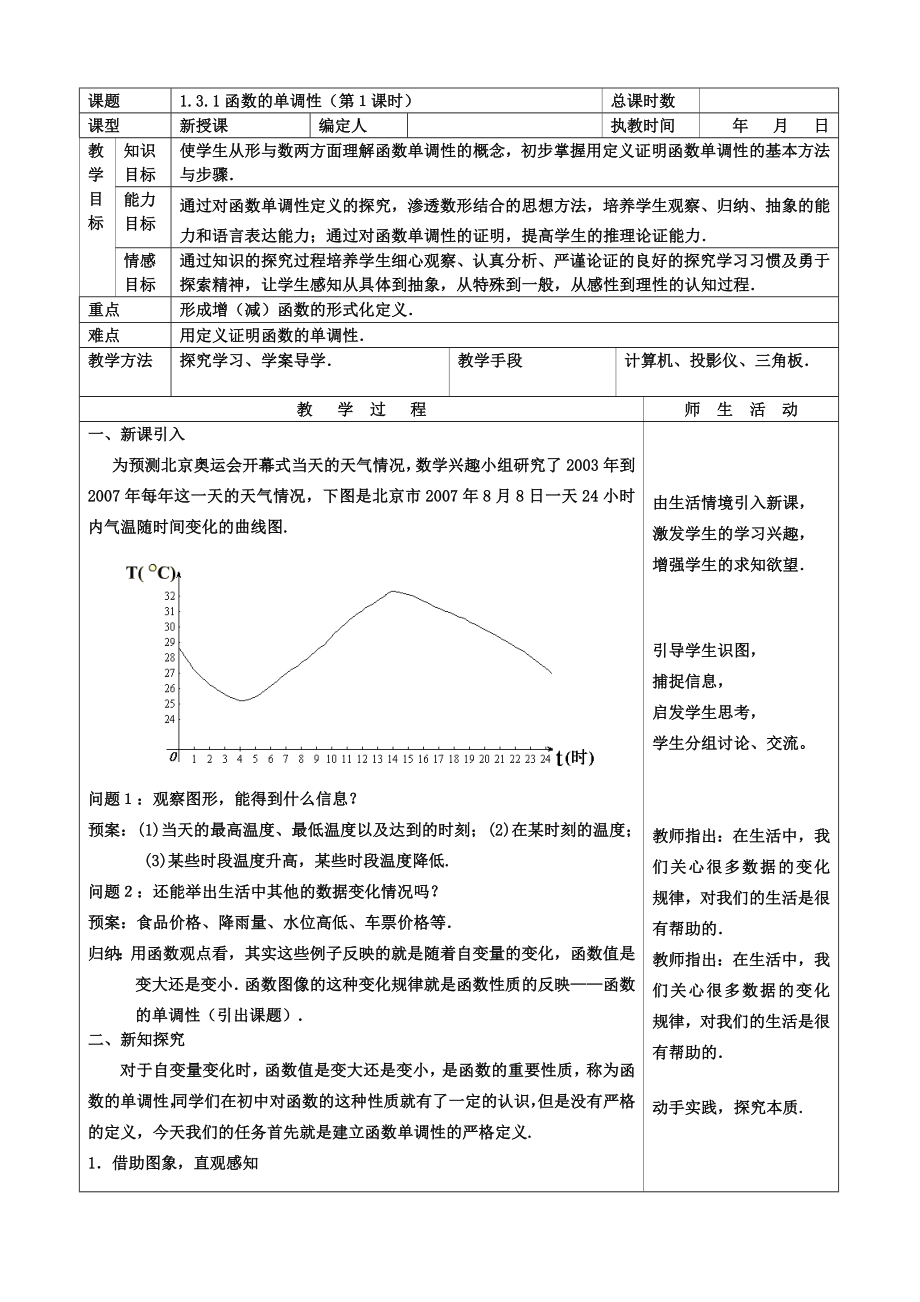 人教A版高中数学必修一《1.3.1函数的单调性》教学设计.doc_第1页